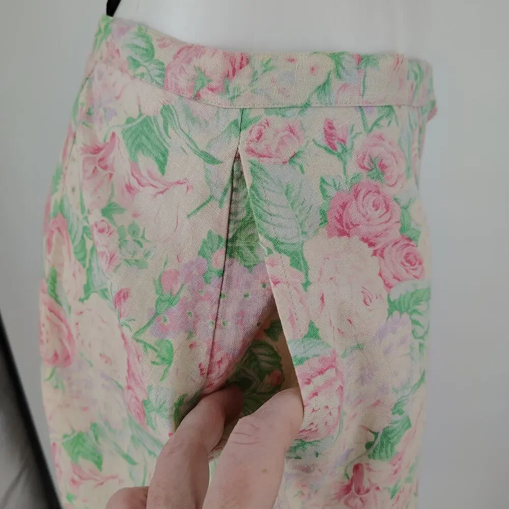 Vintage Lauren Ralph Lauren 100% Linen Floral Button-Front Skirt FLAW Size 8